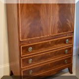 F21. Antique flame mahogany inlaid armoire with drawers and leather top writing surface. 53”h x 38”w x 19”d 
